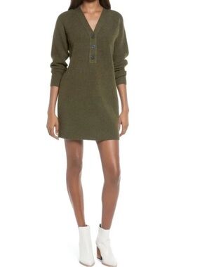 Madewell Olive Green Ribbed V-Neck Sweater Dress | M | Merino Wool